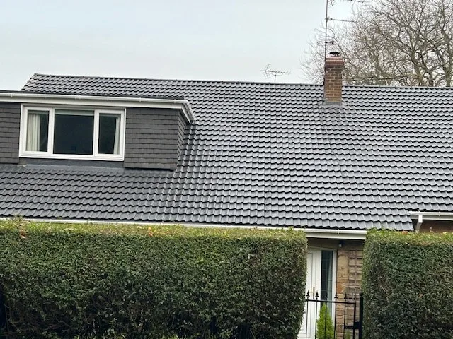 A grey pantile roof with a dormer window and a brick chimney, seen over a hedge