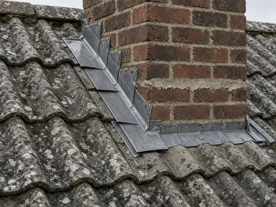 Lead step flashing and soakers where a brick chimney meets a grey pantile roof