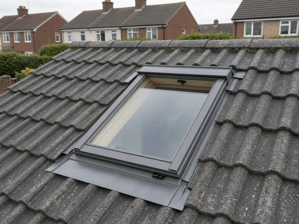 A roof window in a grey pantile roof, with the flashing kit around the frame